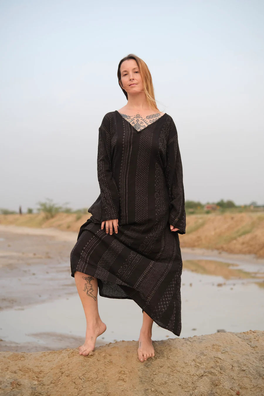 Midnight Handblock V-Neck Top